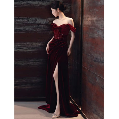 Sleeveless Off Shoulder Plain Sequin Ruched Slit Panel Velvet Sheath Evening Gown