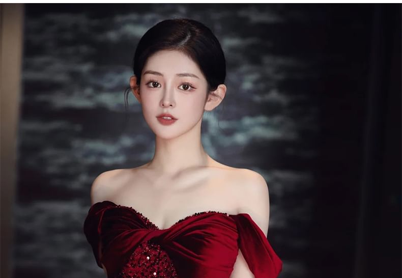 Velvet Gown Off Panel Slit Sheath Sleeveless Sequin Evening Ruched Shoulder Plain