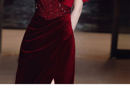 Sleeveless Off Shoulder Plain Sequin Ruched Slit Panel Velvet Sheath Evening Gown