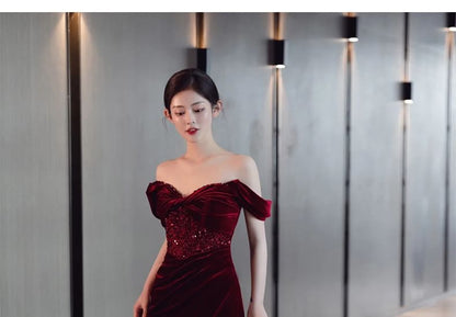Sleeveless Off Shoulder Plain Sequin Ruched Slit Panel Velvet Sheath Evening Gown