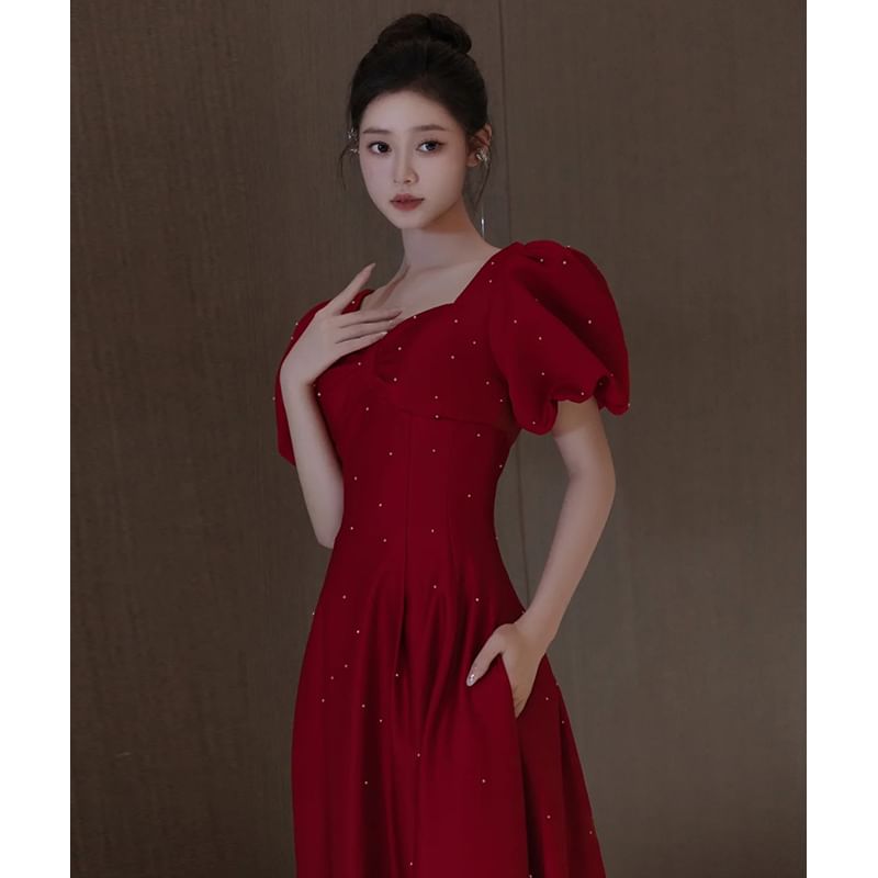 Square Plain Evening A-Line Puff Gown Sleeve Neck