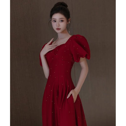 Square Plain Evening A-Line Puff Gown Sleeve Neck