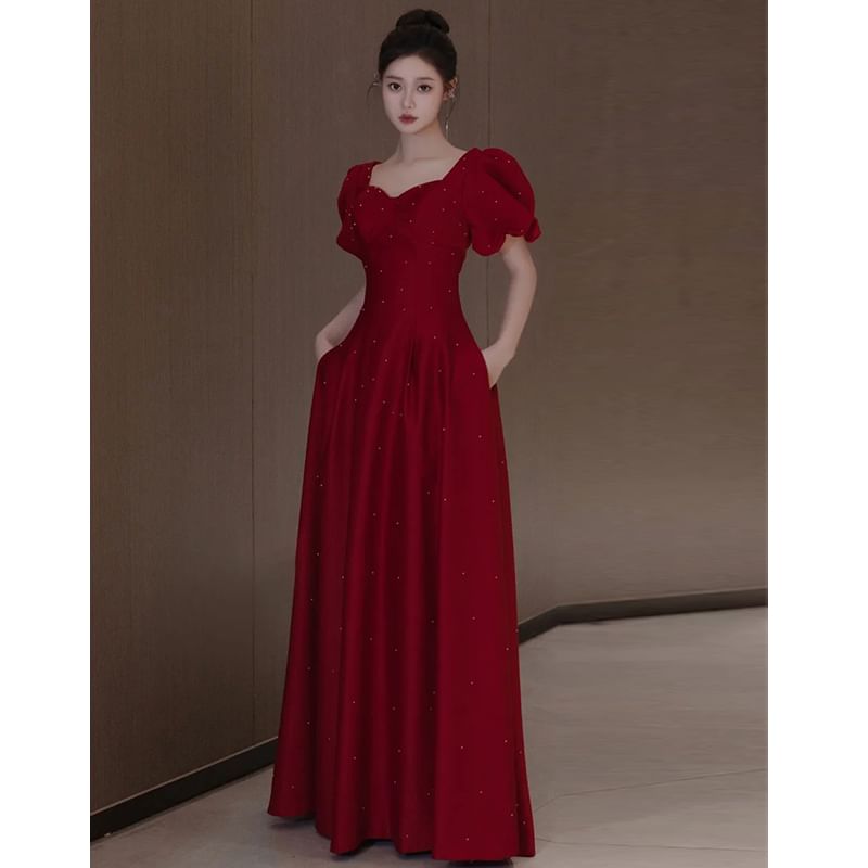 Square Plain Evening A-Line Puff Gown Sleeve Neck
