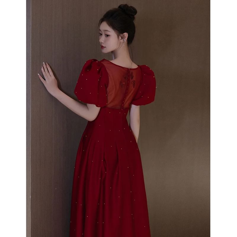 Square Plain Evening A-Line Puff Gown Sleeve Neck