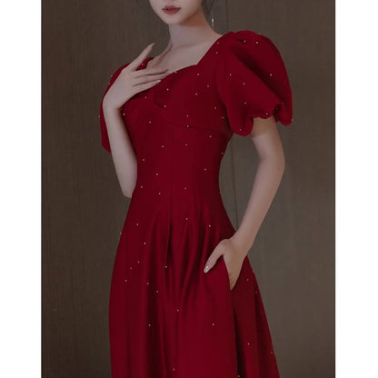 Square Plain Evening A-Line Puff Gown Sleeve Neck