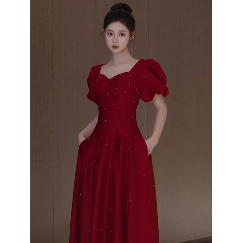 Square Plain Evening A-Line Puff Gown Sleeve Neck