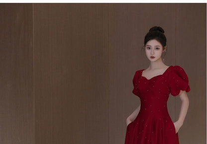 Square Plain Evening A-Line Puff Gown Sleeve Neck