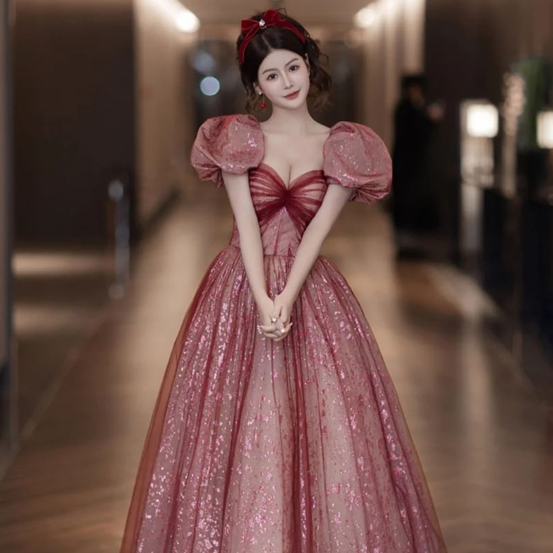 Evening Sweetheart Neck Ruched A-Line Gown Sleeve Patterned Mesh Puff