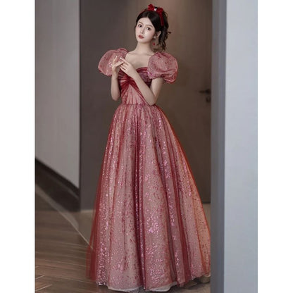 Evening Sweetheart Neck Ruched A-Line Gown Sleeve Patterned Mesh Puff