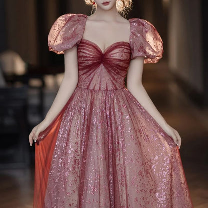 Evening Sweetheart Neck Ruched A-Line Gown Sleeve Patterned Mesh Puff