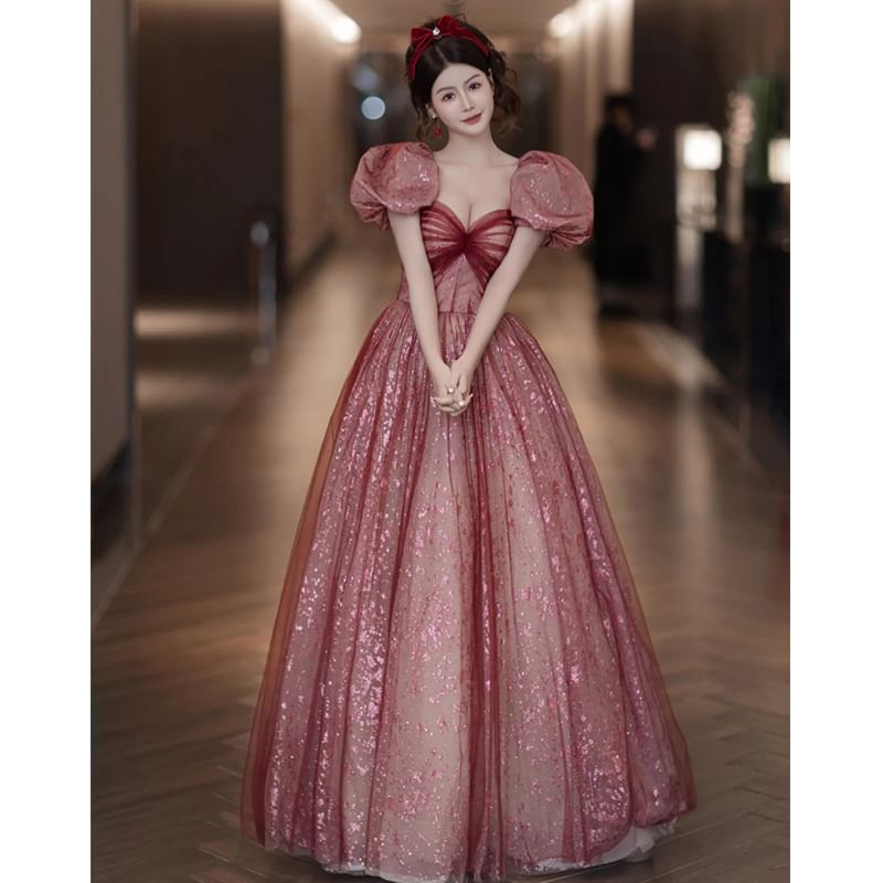 Evening Sweetheart Neck Ruched A-Line Gown Sleeve Patterned Mesh Puff