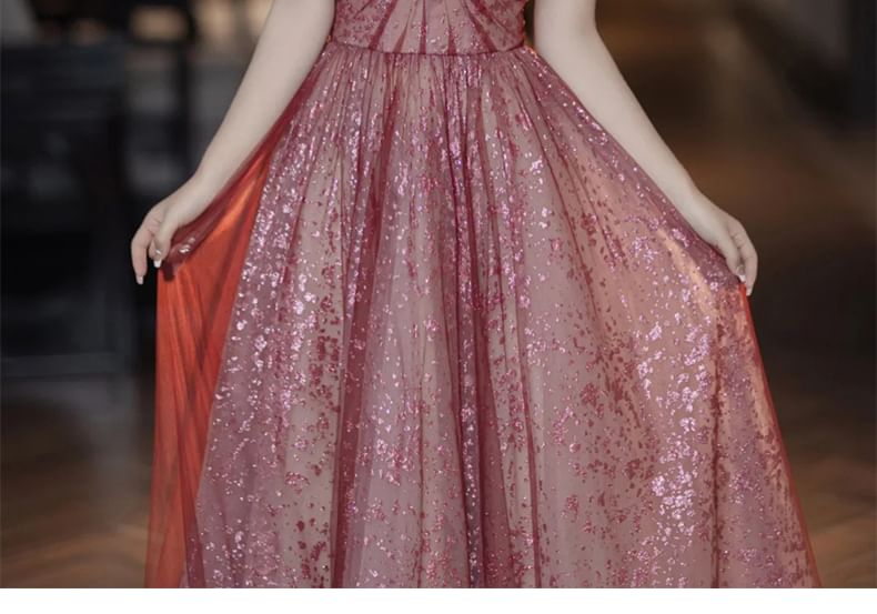 Evening Sweetheart Neck Ruched A-Line Gown Sleeve Patterned Mesh Puff