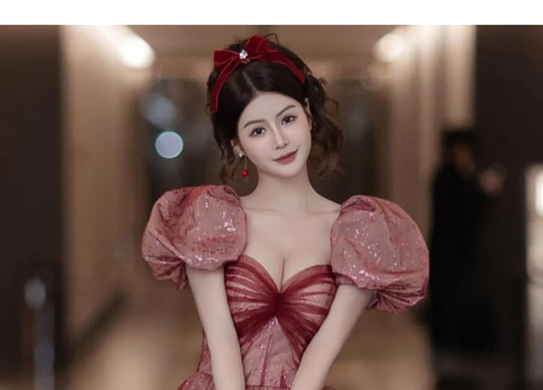 Evening Sweetheart Neck Ruched A-Line Gown Sleeve Patterned Mesh Puff