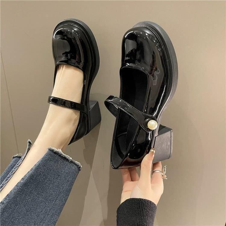 Pearl Mary Patent Heel Shoes Faux Block Jane