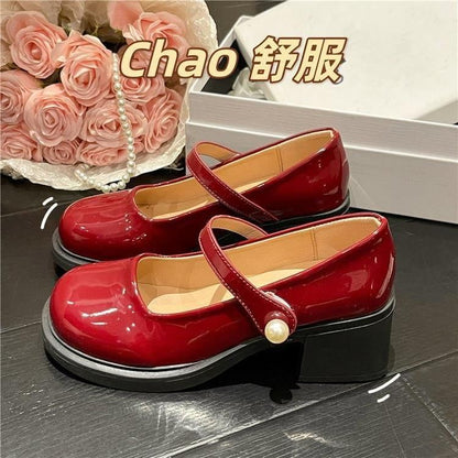 Pearl Mary Patent Heel Shoes Faux Block Jane