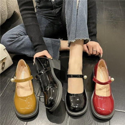 Pearl Mary Patent Heel Shoes Faux Block Jane