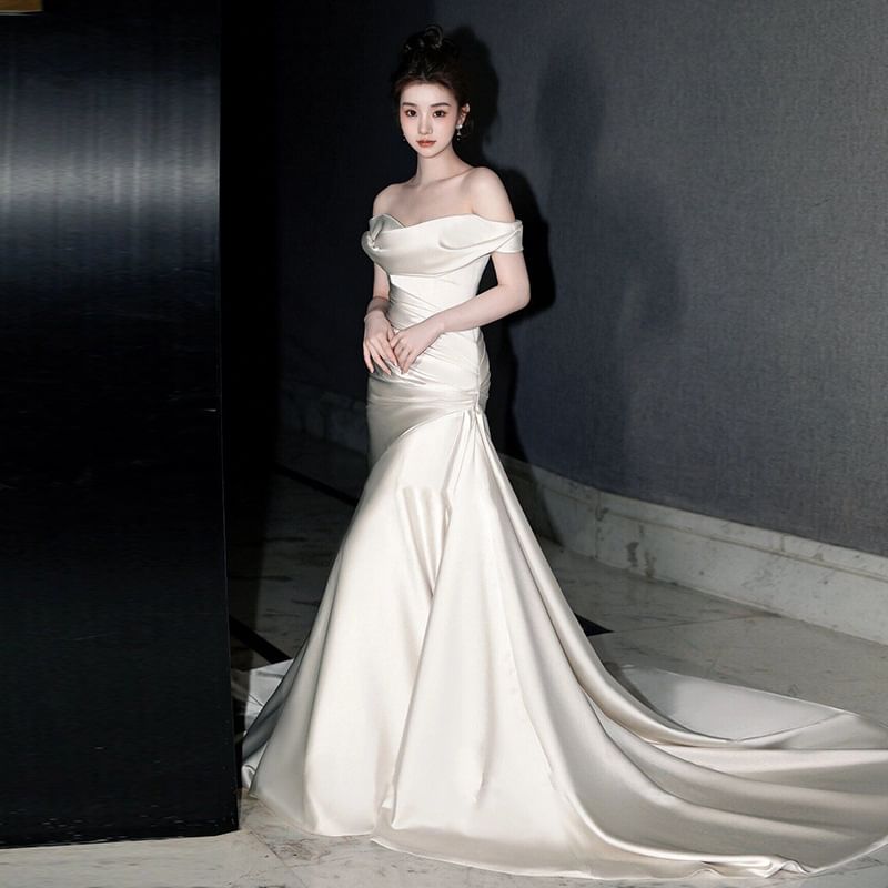 Shoulder Mermaid Plain Off Wedding Gown