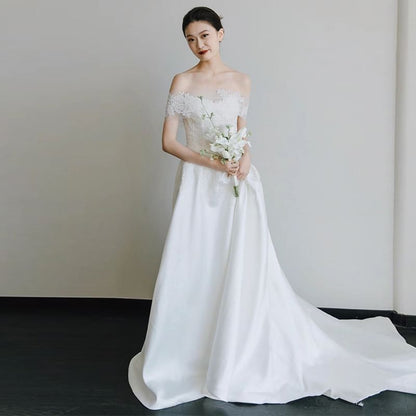 Off Shoulder A-Line Gown Wedding Lace