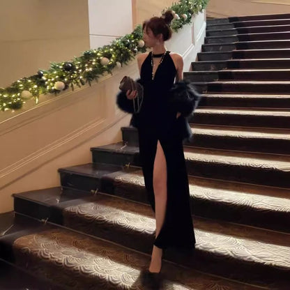 Slit Plain Sleeveless Evening Gown