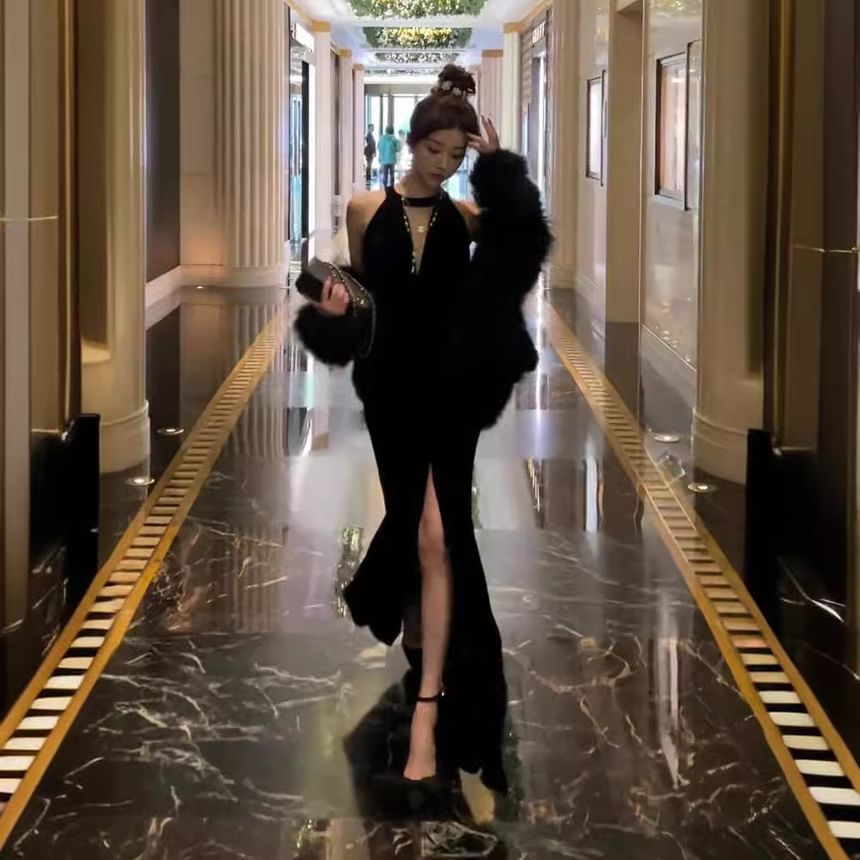 Slit Plain Sleeveless Evening Gown