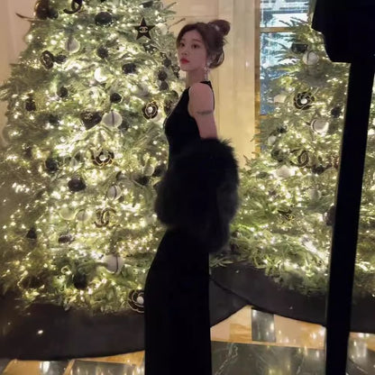 Slit Plain Sleeveless Evening Gown