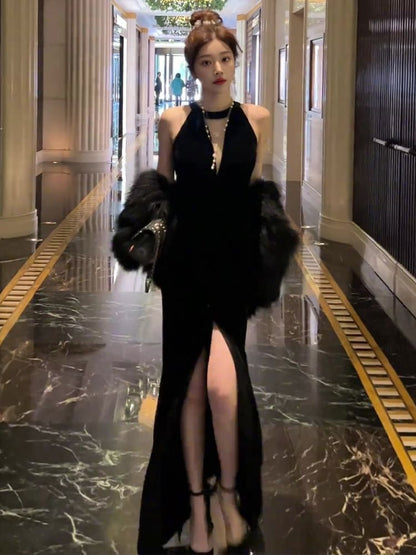 Slit Plain Sleeveless Evening Gown