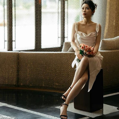 Ruffle Sleeveless Wedding Plain Sheath Gown