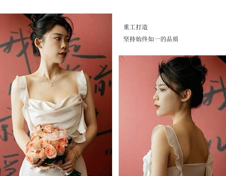 Ruffle Sleeveless Wedding Plain Sheath Gown