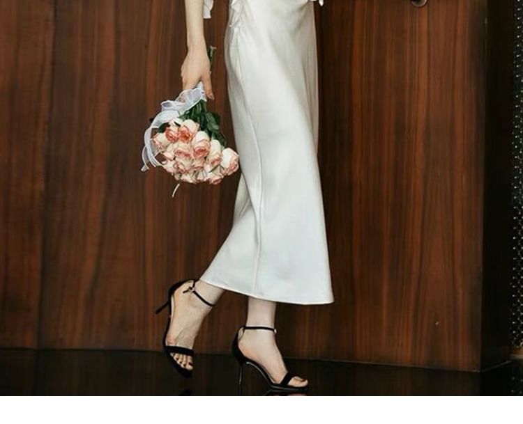 Ruffle Sleeveless Wedding Plain Sheath Gown
