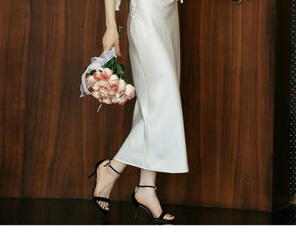 Ruffle Sleeveless Wedding Plain Sheath Gown