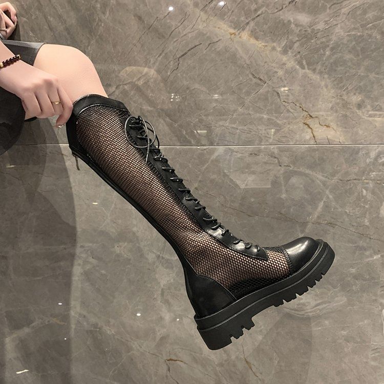 Platform Lace Up Panel Mesh Knee High Boots