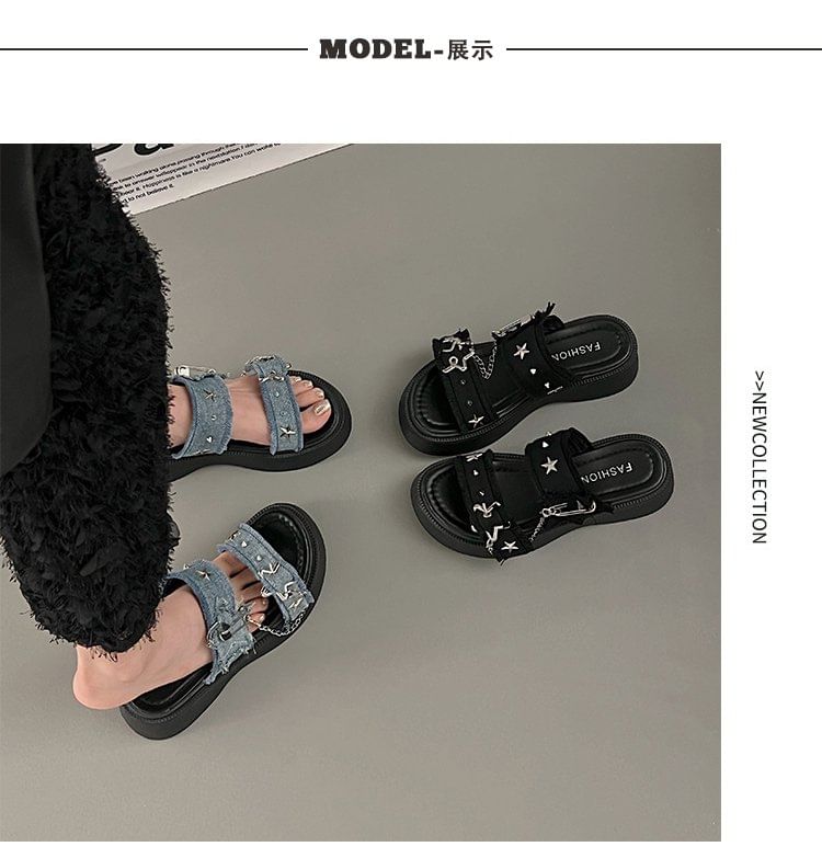 Platform Star Buckled Denim Slide Sandals