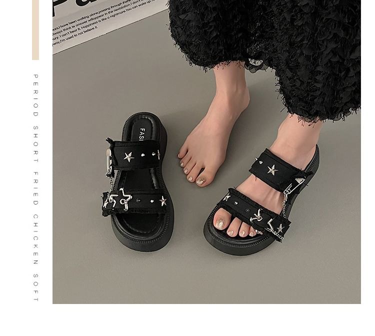 Platform Star Buckled Denim Slide Sandals