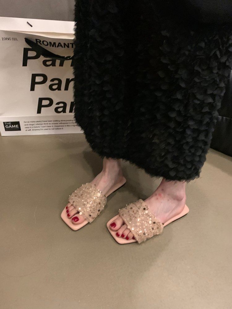 Sequin Mesh Slide Sandals