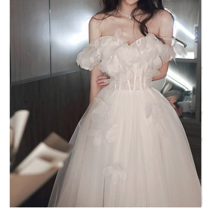 Short-Sleeve Off Shoulder Plain Petal Mesh A-Line Wedding Gown