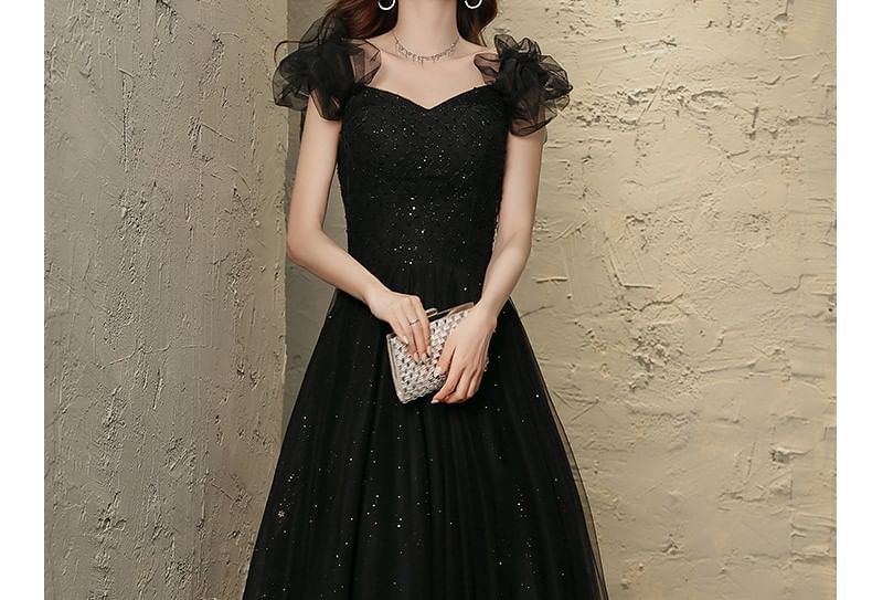 Sleeveless Square Neck Plain Beaded Mesh A-Line Evening Gown