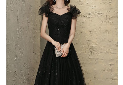 Sleeveless Square Neck Plain Beaded Mesh A-Line Evening Gown
