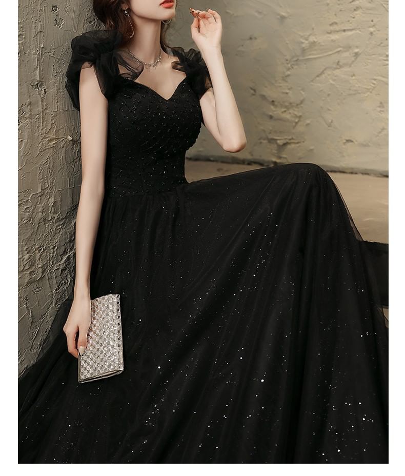 Sleeveless Square Neck Plain Beaded Mesh A-Line Evening Gown