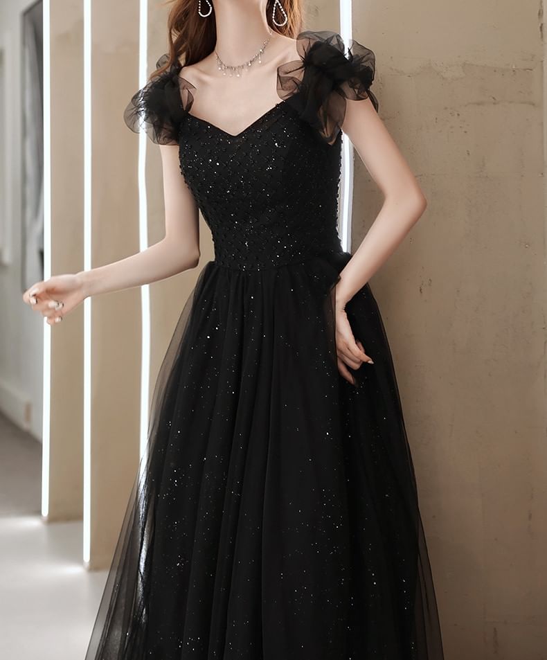 Sleeveless Square Neck Plain Beaded Mesh A-Line Evening Gown