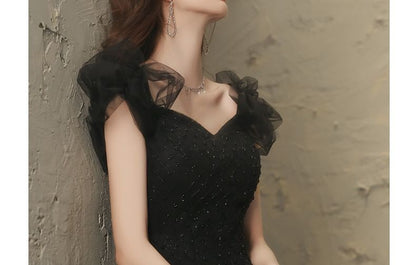 Gown Plain Evening A-Line Square Mesh Beaded Sleeveless Neck