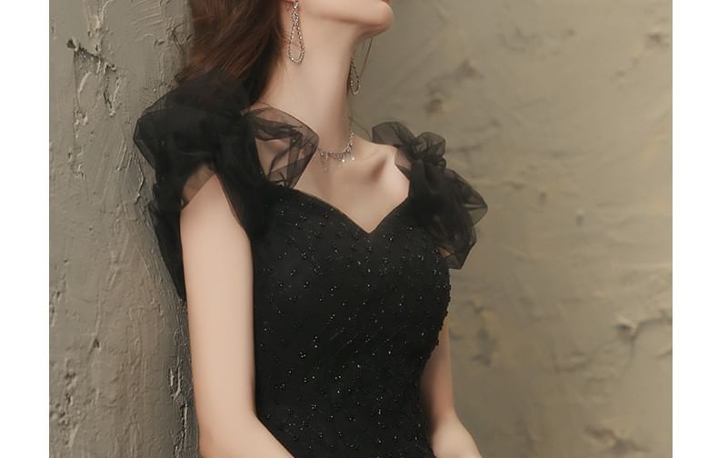 Sleeveless Square Neck Plain Beaded Mesh A-Line Evening Gown
