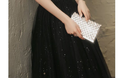 Sleeveless Square Neck Plain Beaded Mesh A-Line Evening Gown