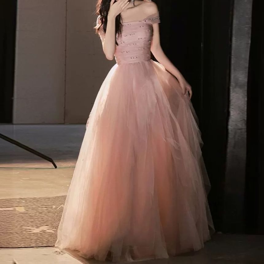 Sleeveless Square Neck Plain Mesh A-Line Evening Gown