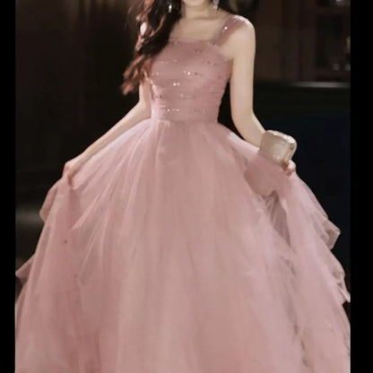 Sleeveless Square Neck Plain Mesh A-Line Evening Gown