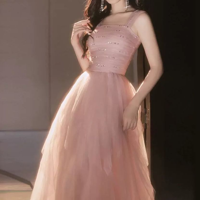 Sleeveless Square Neck Plain Mesh A-Line Evening Gown
