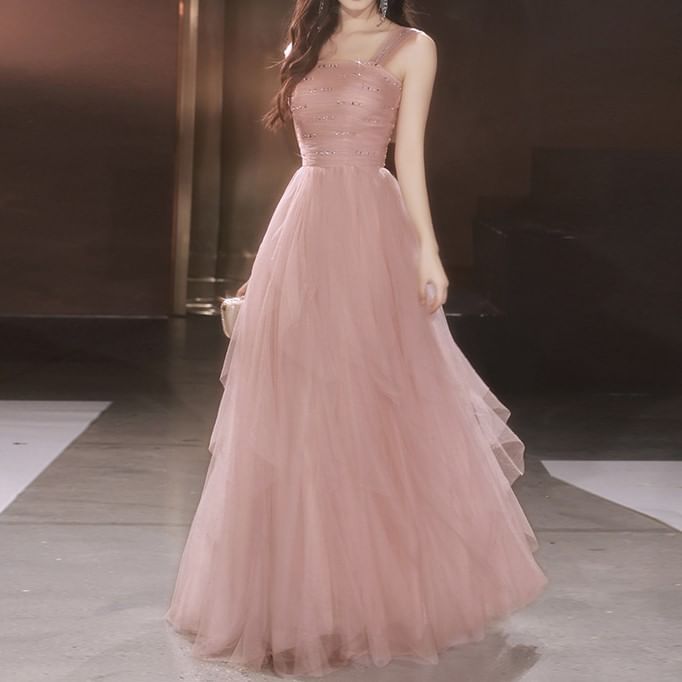 Sleeveless Square Neck Plain Mesh A-Line Evening Gown
