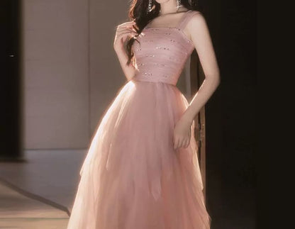 Sleeveless Square Neck Plain Mesh A-Line Evening Gown