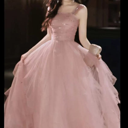Sleeveless Square Neck Plain Mesh A-Line Evening Gown