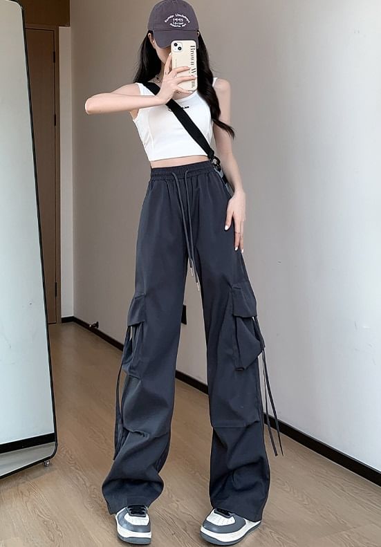 High Rise Drawstring Pocket Plain Wide Leg Cargo Sweatpants