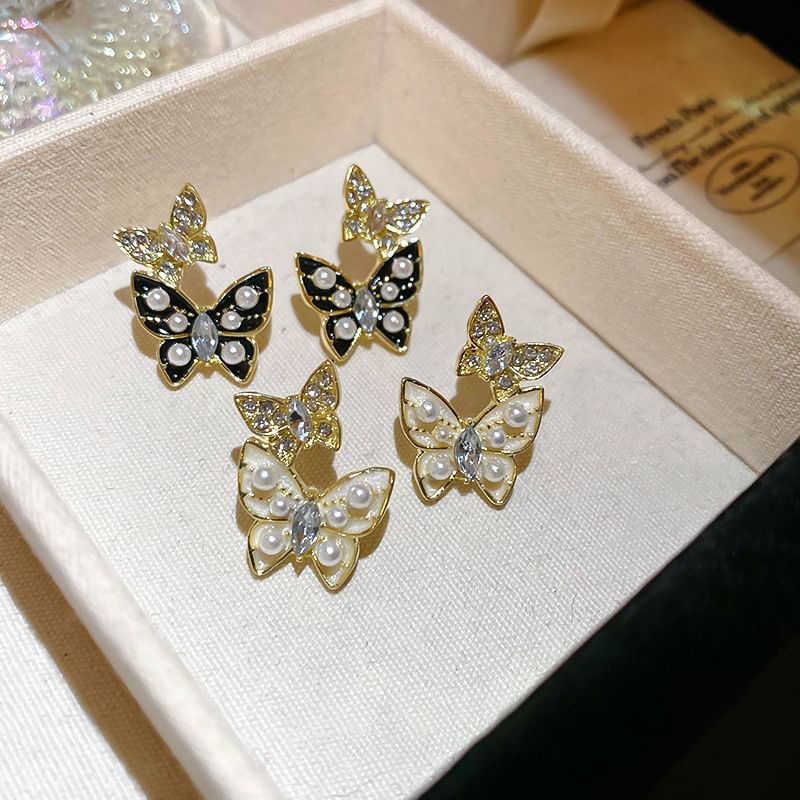 Butterfly Rhinestone Faux Pearl Ear Stud